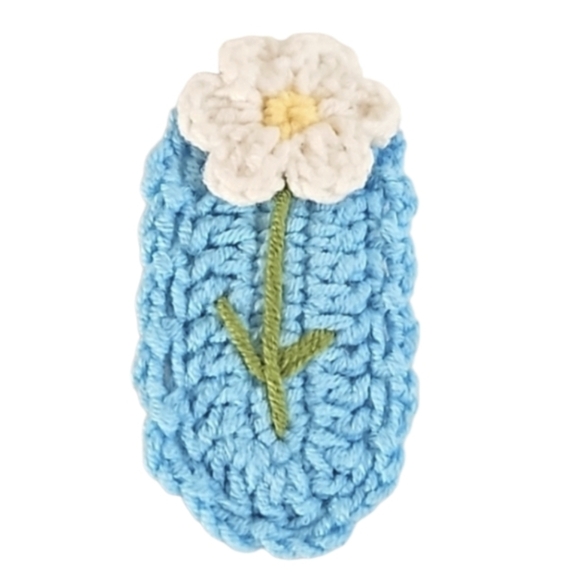 Hand Crafted Hand Knit Crochet Snap Hair Clip Blue with White Flower Boho Style - Picture 3 of 17